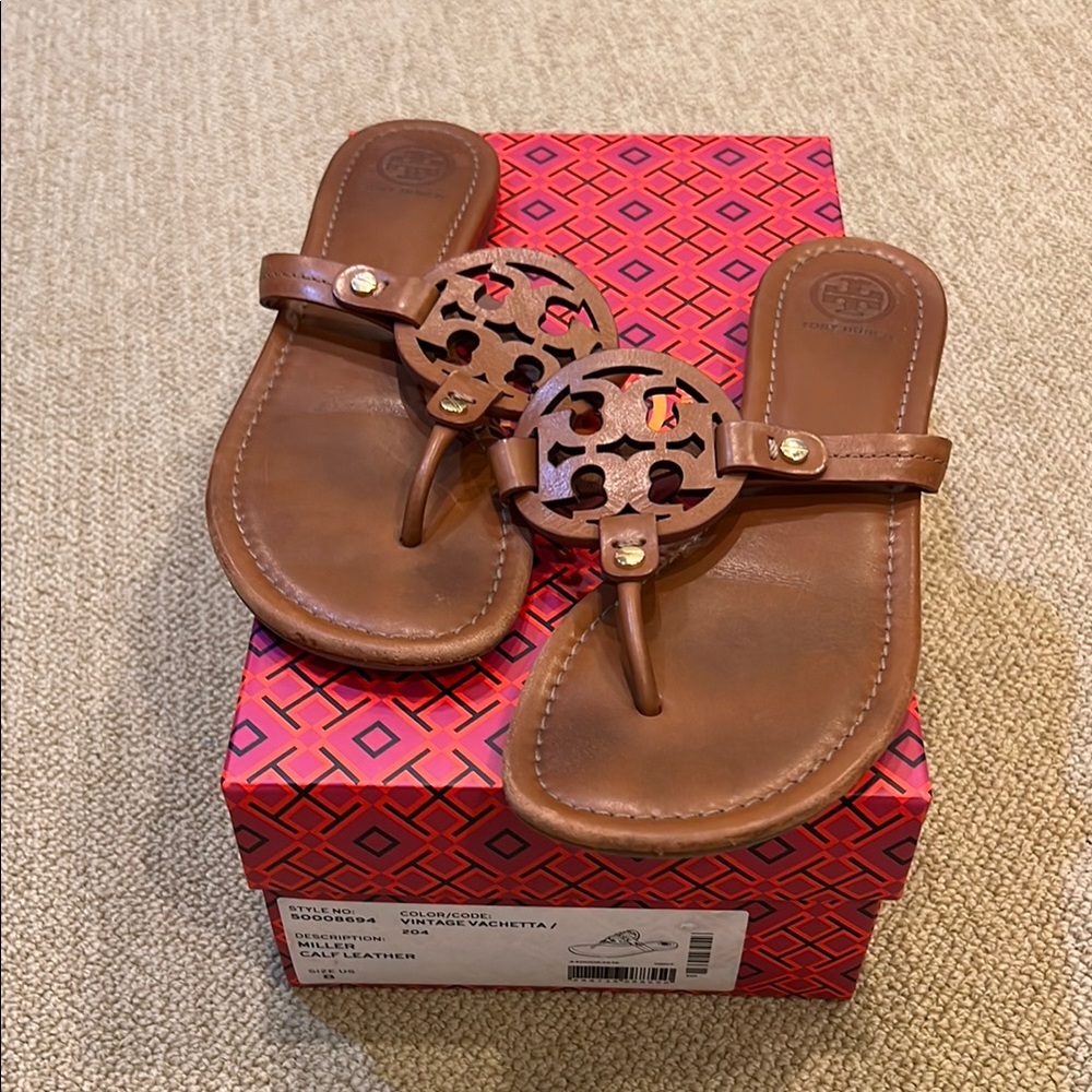 Tory Burch Tan Leather Miller Thong Sandals